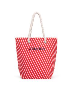 Large Personalized Striped Cabana Nylon/Cotton Blend Beach Tote Bag- Red 