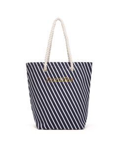 Large Personalized Striped Cabana Nylon/Cotton Blend Beach Tote Bag- Navy 