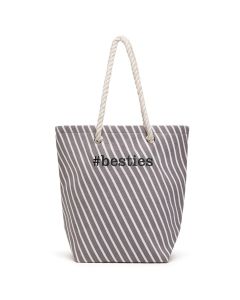 Large Personalized Striped Cabana Nylon/Cotton Blend Beach Tote Bag- Grey