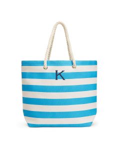 Personalized Extra-Large Cabana Stripe Canvas Fabric Tote Bag - Sky Blue
