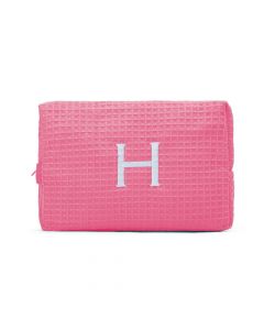 Women's Large Personalized Cotton Waffle Makeup Bag- Hot Pink