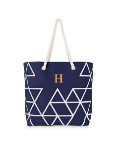Personalized Extra-Large Geo Cotton Fabric Canvas Tote Bag - White On Blue
