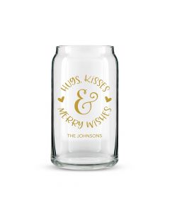 Personalized Can Shaped Drinking Glass – Hugs Kisses And Merry Wishes Print
