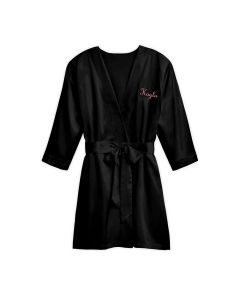 Women's Personalized Embroidered Satin Robe With Pockets - Black