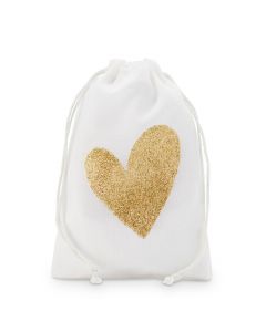 Gold Glitter Heart Muslin Drawstring Favor Bag - Medium (pack of 12)