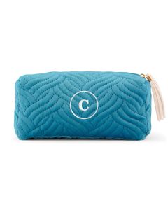 Small Personalized Velvet Quilted Makeup Bag For Women- Light Blue