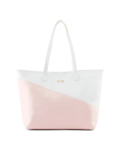 Large Personalized Color Block Faux Leather Tote Bag- Blush Pink & White