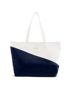 Large Personalized Color Block Faux Leather Tote Bag- Navy Blue & White 