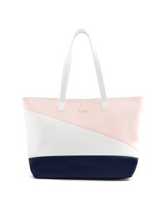 Large Personalized Color Block Faux Leather Tote Bag- Navy Blue, Blush Pink & White