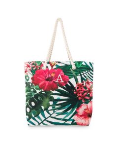 Personalized Extra-Large Cotton Canvas Fabric Beach Tote Bag - Tropical Hibiscus