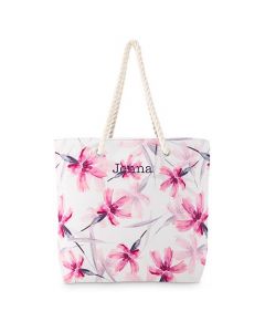 Personalized Extra-Large Cotton Canvas Fabric Beach Tote Bag - Pink Floral Watercolor
