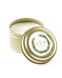 Personalized Gold Tin Candle Wedding Favor - Love Wreath Initial 3oz