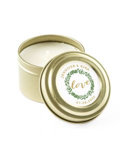 Personalized Gold Tin Candle Wedding Favor - Love Wreath 3oz
