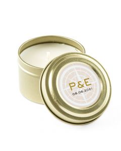 Personalized Gold Tin Candle Wedding Favor - Vintage Travel 3oz