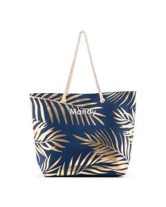 Personalized Extra-Large Cotton Canvas Fabric Beach Tote Bag - Navy Blue Palm Leaf