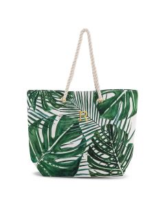 Personalized Extra-Large Cotton Canvas Fabric Beach Tote Bag - Green Palm Leaf