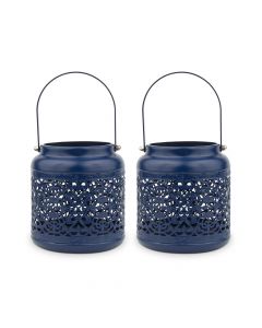 Small Vintage Metal Hanging Lanterns - Dark Blue - Set Of 2