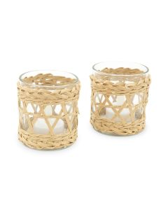 Woven Straw & Glass Votive Candle Holder - Natural - Set Of 4