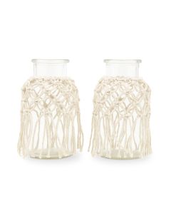 Woven Macrame & Glass Flower Vase - White - Set Of 4
