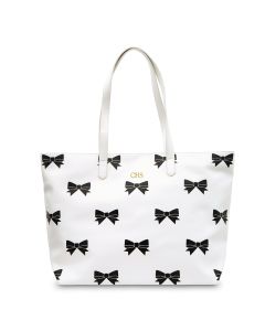 Large Personalized Patterned Faux Leather Tote Bag - Black Bows 