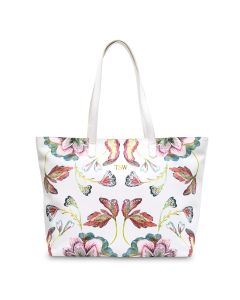 Large Personalized Patterned Faux Leather Tote Bag - White Vintage Floral