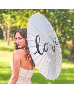 Large 32” White Japanese/Chinese Paper Parasol with Bamboo Handle - Love