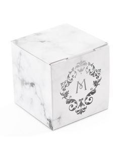 Miniature Custom Foil Printed Square Paper Favor Boxes - Classic Filigree Monogram