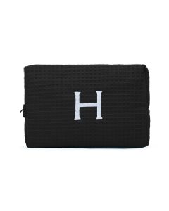 Women's Large Personalized Cotton Waffle Makeup Bag- Black