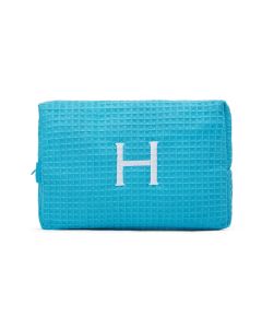 Women's Large Personalized Cotton Waffle Makeup Bag- Turquoise Blue