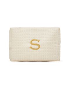 Women's Large Personalized Cotton Waffle Makeup Bag- Ivory
