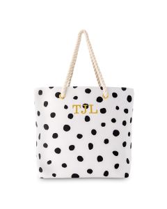Personalized Extra-Large Polka Dot Cotton Fabric Canvas Tote Bag - Black On White