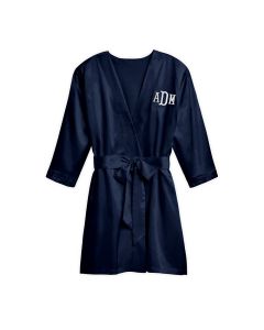 Women's Personalized Embroidered Satin Robe With Pockets - Navy Blue
