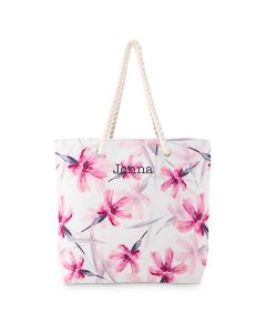 Personalized Extra-Large Cotton Canvas Fabric Beach Tote Bag - Pink Floral Watercolor