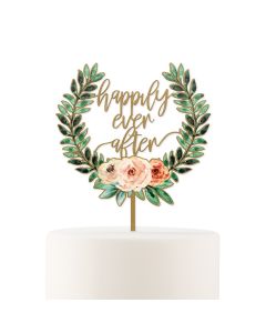 Natural Wood Cake Topper Decoration - Floral Happily Ever After