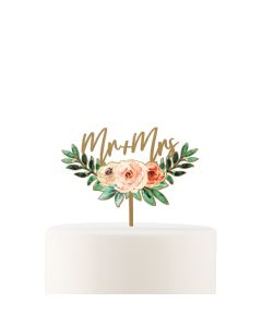 Natural Wood Cake Topper Decoration - Floral Mr + Mrs