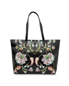 Large Personalized Patterned Faux Leather Tote Bag - Black Vintage Floral 