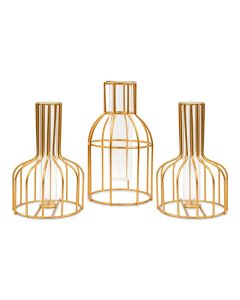 Geometric Metal Wire & Glass Test Tube Flower Vases - Gold - Set Of 3