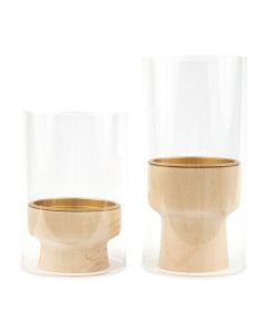 Contemporary Wood & Glass Pillar Candle Holders - Natural - Set Of 2
