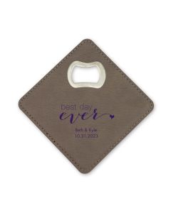 Personalized Gray Faux Leather Drink Coaster Wedding Favor with Bottle Opener