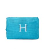 Women's Large Personalized Cotton Waffle Makeup Bag- Turquoise Blue