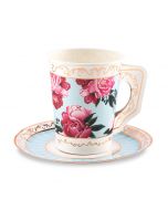 Paper Teacups With Handles & Saucers - Modern Floral - Set Of 8