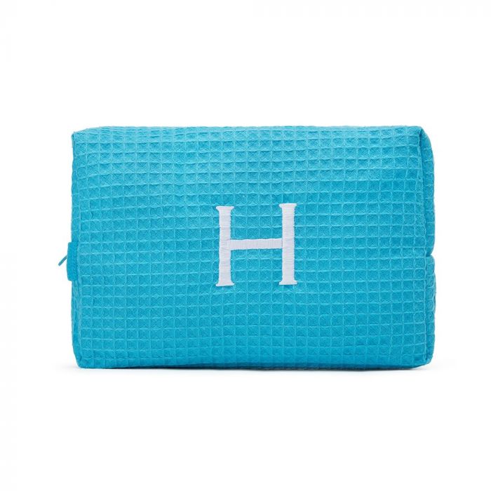 Women's Large Personalized Cotton Waffle Makeup Bag- Turquoise